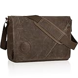 Eshow Umhängetasche Herren 13 Zoll Wasserabweisend, Laptoptasche Messenger Bag aus Echtleder und Canvas, Arbeitstasche Schultertasche Vintage für Arbeit Uni Freizeit Büro Braun