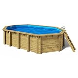 Paradies Pool® Holzpool Cariba Komplettset inkl. Filteranlage, Pumpenhaus, Edelstahlleiter Tiefbecken, Blaue Folie mit 0,8mm Stärke, Oval-Pool, 6,57 x 4,07 x 1,38, Menge: 1 Stück