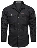 PADOLA Hemd Herren Baumwolle Hemden Langarm Slim Fit Cowboyhemd Stehkragen Westernhemd Taktisches Hemd Outdoor Arbeitshemd Safarihemd Einfarbige Freizeithemden (0 Schwarz, L)