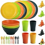 Evanda Plastikgeschirr Set 28 Stück, wiederverwendbare leichte Becher, Schüsseln, Teller, Messer, Gabeln, Löffel für Camping Picknicks und den täglichen Gebrauch, spülmaschinenfest (Mutil Farbe)