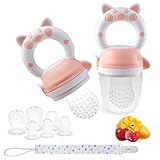 Fruchtsauger Baby, 2 Stück Rosa Obstschnuller mit 6 Sauger(3 Größen) und Schnullerkette, 8 Silikon Schnuller zum Befüllen von Obst, Babynahrung, BPA-Frei Zahnungshilfe für Babys ab 4 Monate+