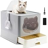 HelloMiao Vollständig Geschlossene Indoor-Katzentoilette mit Dach/Deckel Geruchsneutralisierendes Katzenklo in Groß, Cat Litter Box Schubladensystem & Klappbar mit Praktischer Katzenstreuschaufel