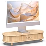 WELL WENG Bambus-Monitorständer mit Stauraum, gebogener Computer-Laptop-Ständer, Schreibtischregal-Organizer mit Schiebetüren (64.4cm)