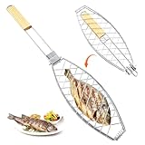 SilverChry Fischbräter Grillkorb Tragbarer Grillrost Fisch Grillhalter zum Grillen, BBQ Grillrost mit Holzgriff Gartengrill Grillrost Faltbarer Grillgitterclip Fischgrill Edelstahl Grillzubehör