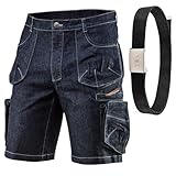 NEO TOOLS Kurze Arbeitshose Herren - Denim Arbeitsshort mit Arbeitsgürtel - Jeans-Optik Arbeitshosen für Männer Kurz - Multifunktionale und Geräumige Taschen - Arbeitshose Sommer