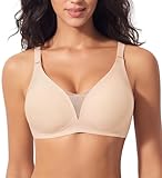 Modischer Mesh BH Damen Nahtloser BH Ohne Bügel Bequem BH Push Up Tiefem V-Ausschnitt Bügellos Soft BH Gepolstert Bralette Guter Halt Bra Große Größe Brüste (Beige, L)