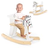 HOMASIS 2 in 1 Schaukelpferd Zebra, Baby Schaukelstuhl aus Holz, Weiß Schaukeltier mit Abnehmbarem Zaun & Griffe & Fußstütze, Schaukelwippe Tragkraft 40 kg, Schaukelspielzeug für Kinder ab 3 Jahren