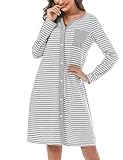 Marvmys Nachthemd Damen Baumwolle Schlafshirt mit durchgehende Knopfleiste Streife Kurzärmelig Nachtkleid Schlafhemd Nachtwäsche Umstands- Stillnachthemd Hellgrau-Lange Ärmel M