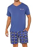 Leversic Zweiteiliger Schlafanzug Herren Kurz Baumwolle mit Karierter V-Ausschnitt, Shorty Pyjama Herren Set Sommer Nachtwäsche Pajamas for Männer, 308-Blau, XL