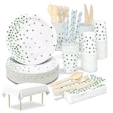 Komicea Partygeschirr Set Grün, 161 Stück Pappteller Kindergeburtstag Deko, Geschirr Teller mit Tischdecken Becher Strohhalme Servietten für Hochzeit, Babyshower, Geburtstagsdeko (20 Gäste)