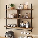 Bestier 115 cm 3-stufiges schwebendes Rohrregal, industrielles wandmontiertes Leiterregal mit Rundrohr und Haken, Holzregal für Dekoration und Aufbewahrung, Bücherregal für Wohnzimmer, Küche, Balkon
