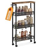 VASAGLE Rollwagen 4 Ebenen, Küchenwagen schmal, Nischenregal auf Rollen, Stahl, Griff, für kleine Räume, 13 x 45,4 x 77 cm, Küche, Bad, Wohnzimmer, Arbeitszimmer, vintagebraun-schwarz LRC032B01V1