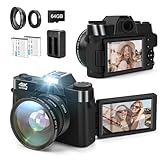 Digitalkamera, LAMA 4K 48MP Autofokus Vlogging-Kamera, Kompaktkamera mit 3,0 Zoll 180° Flipscreen, 16X Digitalzoom Kamera für YouTube mit Weitwinkelobjektiv, 32GB SD-Karte, 2 Akkus Schwarz