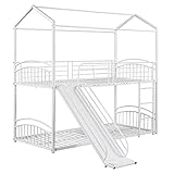 Taoplay 90x200 Metall Etagenbett Kinderbett mit Dach und rausfallschutz, Spielbett mit Rutsche, Hausbett für Kinder und Jugendliche