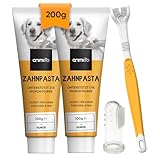 animigo 2X Hundezahnpasta (je 100g), 1x dreiköpfige Hundezahnbürste & 1x Fingerzahnbürste - Gegen Plaque, Zahnstein und schlechten Atem - Hunde Zahnpflege für Zahnreinigung mit Zahncreme & Fingerling