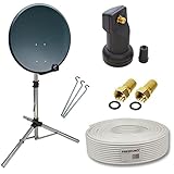 Premium X Camping Satelliten-Komplettanlage 45cm Satelliten-Schüssel Antenne SAT Single LNB 10m Kabel 2X F-Stecker Dreibein-Stativ