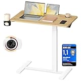VASAGLE Beistelltisch mit Rollen, mobiler Stehtisch, 80 x 45 cm große Tischplatte, verstellbare Höhe, 2 Getränkehalter, Schlitz für Handy oder Tablet, goldeichenfarben LSD601YA01