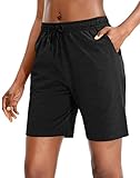 ANFTFH Sommer Kurze Hose Damen High Waist Shorts Locker Sport Freizeithosen Athletic Sweatshorts mit Taschen Gummibund Bermuda Shorts Damen Knielang Schwarz L