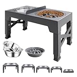 Hundenapf Erhöhter für Hunde,2 Edelstahlschüsseln & Langsamfutternapf mit 4 Höhenverstellbarer Napfständer Große Mittelgroße Kleine Hunde Haustiere zu Hause, Grau