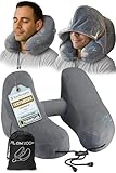 FLOWZOOM Air Nackenkissen Flugzeug in H-Design, Reisekissen für 5 Schlafpositionen, schnell aufblasbar & druckregulierbar, Nackenhörnchen mit Abnehmbarer Kapuze & Plüschbezug - Größe L, Grau