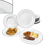 MamboCat Venedig 12tlg Tafelservice I weißes elegantes Porzellan Geschirr für 6 Personen I je 6x Speiseteller & Suppenteller 150ml mit Relief in Kieselstein-Optik mit grauer Linie