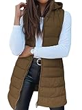 Lange Pufferweste für Damen, einfarbig, lange Westen, ärmellos, leicht, Reißverschluss, Pufferjacke mit Tasche, khaki, XL