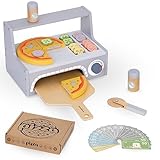 Mamabrum Holz Pizza-Backset mit Pizzaofen, Pizzastücke mit Klettverschluss, Zutaten-Scheiben, Spatel & Schneider - Rollenspiel Spielzeug für Kinder (28,5 x 18 cm)