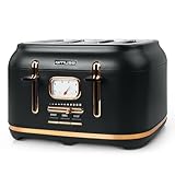 Muse Edelstahl-Toaster im schwarzen Retro Design, analoge Anzeige, beleuchtete Tasten, 6 Bräunungsstufen, 4 Scheiben, MS-131 BC, Vintage Look, mit Krümelschublade