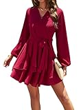 Jiraewh Damen Chiffon Kurz Kleid V-Ausschnitt Langarm Sommerkleid Tunika Kleider Einfarbig Elegant Rüschen Minikleid Casual Swing Skater Partykleid Wickelkleid Hohe Taille mit Gürtel(6019- WR L)