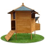 Melko - Hühnerstall braun Winterfest 131x125 cm 6-Eck aus Massivholz - Hühnerhaus Pavillon mit wetterfester Teerpappe - Hühnervoliere inkl. Rampe, Sitzstangen & Nestbox - Für 5-8 Hühner & Kleintiere