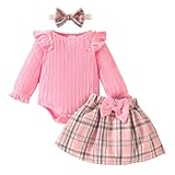 LUVCES Baby Mädchen Herbstrock Outfits Rüschen Langarm Strampler Plaid Rock mit Stirnband Süße Neugeborenen Kleidung Set 3Pcs Rosa 0-3 Monate