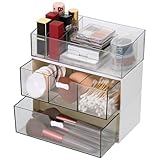 TranRantic 3 Stück Acryl Badezimmer Organizer, Kosmetik Organizer Set, Transparent Bad Schubladen Organizer, Schminktisch Organizer, Make Up Organizer für Kommode Bad (1 Fach+3 Fächer+Lippenstiftfach)
