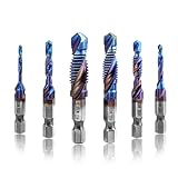 Treki 6 Stück Kombi Gewindeschneider Bit Set M3 M4 M5 M6 M8 M10, Manuell Gewindebohrer Set, Spiralgewindebohrer mit 6,35mm für Akkuschrauber, HSS Handgewindebohrer Maschinengewindebohrer Bits Satz