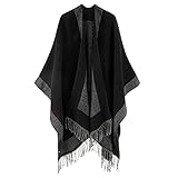 Lachi Damen Poncho Schal Winter Cape Elegant Warm Wolle Schultertuch Mode Schwarz Fransen 130 * 150CM