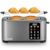 Toaster 4 Scheiben, 1400W Edelstahl Langschlitz Toaster, 9 Farbeinstellungen und 3 Brotsorten, Abbruch/Auftau/Aufwärmfunktion,Touchscreen Bedienung, mit Brötchenaufsatz, Grau