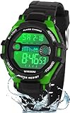 DTKID Digitale Kinderuhr Jungen Mädchen, 7-Farben-LED, Armbanduhr Kinder mit Wecker, Stoppuhr, Datum, 5 ATM wasserdichte Outdoor Sportuhr Kinder Uhren für Teenager (Schwarz-Grün)