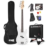 MAX GigKit Bassgitarre Set, E Bass Gitarre, Bass Guitar mit Gitarrenverstärker, Tasche, Stimmgerät, Plektren, Ständer, Gurt, Kabel und Ersatzsaiten - 21 Bünde - Weiß