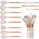 12 Stück Küchenhelfer Set, Silikon Küchenutensilien Set, Antihaft Hitzebeständiger Holzgriff Kochbesteck mit Utensilienhalter, Silikonspatel Kochgeschirr Set, Spülmaschinengeeignet (Khaki)