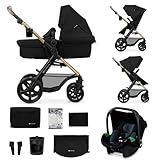 Kinderkraft MOOV 2 Kinderwagen 3 in 1 Kinderwagenset bis 22 kg mit Kindersitz I-SIZE 40-75 cm, Buggy Funktion, Liegeposition verstellbar, Große ausziehbare Verdeck, Eva-Schaum-Räder, Schwarz