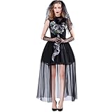 Generisch Braut Kostüm Damen, Horror Kleidung, Halloween Kostüm Langärmlig Gothic Spitzenkleid, Hexenkleid Faschingskostüme Zombie Braut mit Haarband, Gothic-Halskette und Schwarzen