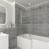 NRG L-förmige Badewannenabtrennung mit Scharnierrücklauf und Handtuchhalter, verchromter Rahmen, 6 mm Sicherheitsglas, 800 x 1400 mm