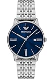 Emporio Armani Watch for Men, Quartz Movement and 42mm Case Size with Stainless Steel, Leather or Silicone Strap Blau und Silberton, 39MM