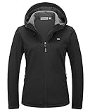 33,000ft Damen Fleece Gefütterte Softshelljacke Wasserdichte Funktionsjacke Fahhradjacke mit Kapuze Winddichte Übergangsjacke Windbreaker zum Radfahren, Wandern Schwarz 40