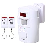 TRIXES Kabelloser Bewegungsmelder für Schuppen, Sicherheit zu Hause, batteriebetrieben, für Sommergaragen, Wohnwagen, Alarmanlage, mit 2 x Fernbedienung Weiß