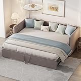 MISNODE Tagesbett Ausziehbar 90/180x200 cm, Schlafcouch Polsterbett Ausziehbar mit Gästebett, Samtstoff Bett Ausziehbar zum Doppelbett, Schlafsofa für Erwachsene 2 Personen, ohne Matratze (Grau)