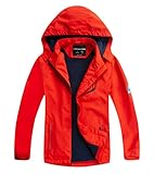 YOUNGSOUL Kinder wasserdichte Regenjacke mit Abnehmbarer Kapuze Mädchen Jungen Übergangsjacke Gefütterte Outdoorjacke Schwarz Rot DE: 146-152 (Herstellergröße 150)