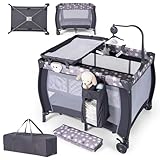 DREAMADE Babybett, 101 x 72 cm Baby Reisebett mit Matratze & Wickeltisch & Rollen & Spieluhr, Faltbares Beistellbett für Neugeborene & Säugling 0-36 Monate (Grau-Stern)