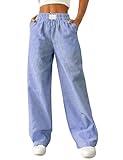 Rapbin Damen Schlafanzughose Gestreifte Pyjamahose Lang Freizeit Hose mit Taschen Weich Schlafhose Y2k Lounge Pants Blau