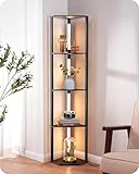 EDISHINE Stehlampe Wohnzimmer, Standleuchte mit 4 Holz-Regal, LED Dimmbar Stehleuchte 3-Farbtemperatur, Leselampe mit 360° Drehbarer Lichtmast, Fußschalter, Eckregal Regalbeleuchtung, Schwarz