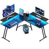 HLONONE Gaming Tisch L Form mit LED, Eckschreibtisch, Gaming Schreibtisch L-förmiger mit Monitorständer, Computertisch für Büro Arbeitszimmer Schlafzimmer, Gamer Tisch 130 x 130 cm, Schwarz